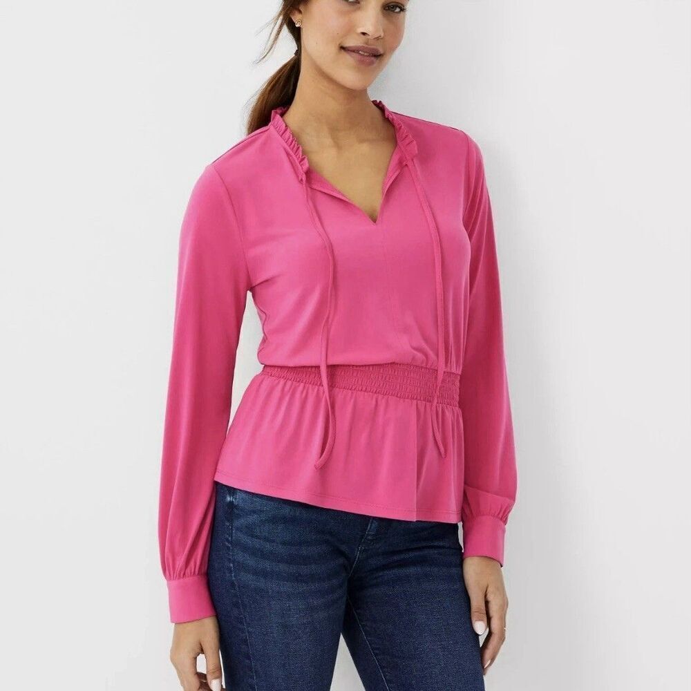 Ann Taylor Ruffle Tie Neck Top/Blouse Pink Elastic Detail M Romantic Feminine
